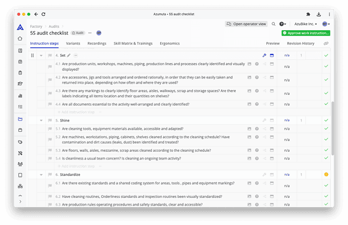 A screenshot of an Asunta 5S audit checklist interface. The checklist includes instruction steps such as 