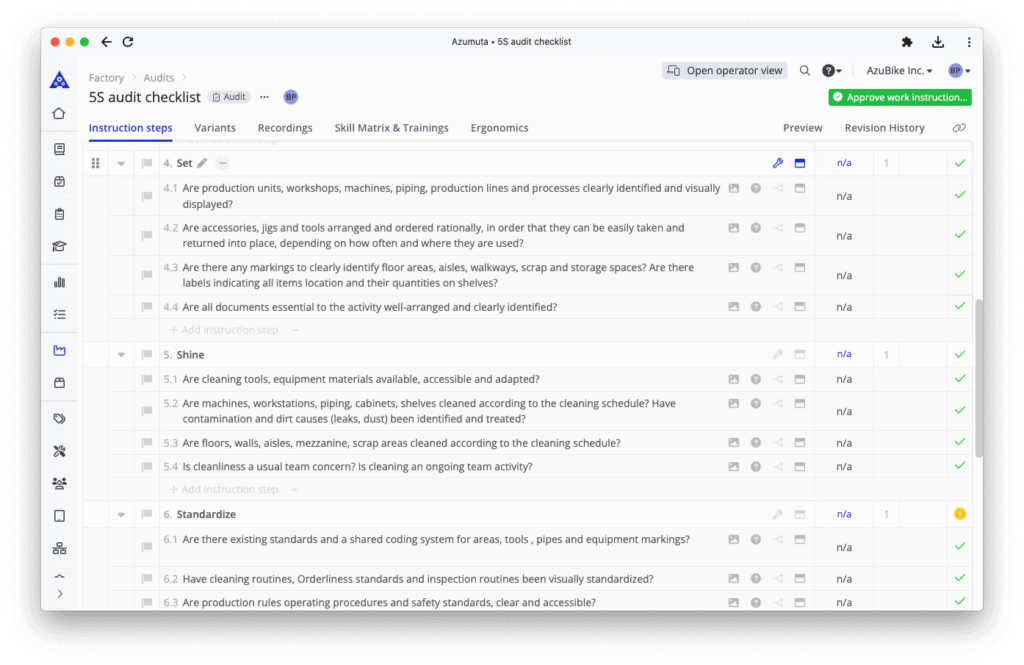 A computer screen displays a 5S audit checklist. The checklist contains multiple rows and columns, including categories like