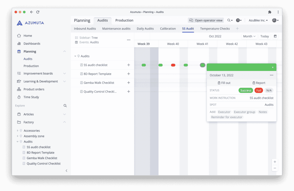 A computer screen displays a project management tool. The screen shows a timeline with audits scheduled over several weeks, with colored indicators (green, gray, and red) marking their status. A side menu lists different sections like Planning, Audits, Articles, and QA.