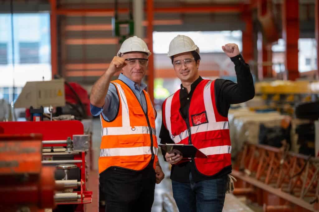 Two workers pose in a factory, wearing safety helmets, glasses, and reflective vests. One holds a clipboard. They both smile and raise one fist, conveying a sense of achievement and teamwork in an industrial setting.
