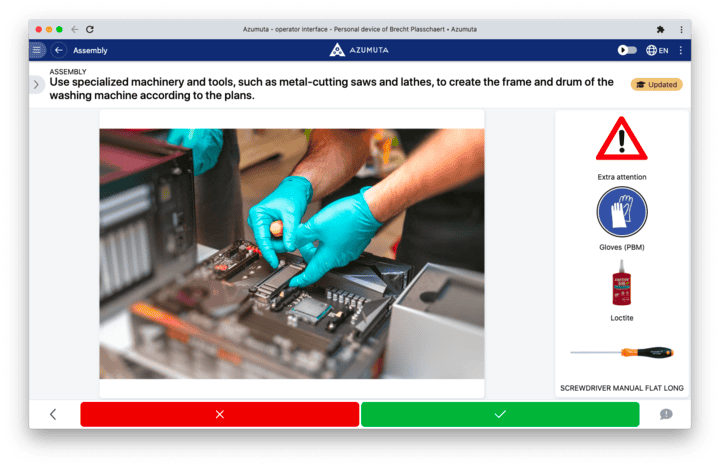 A computer screen displays an instructional page for assembly work at Azumuta. The page includes a photo of hands wearing blue gloves assembling machine parts with text explaining the use of metal-cutting tools. A safety notice and tool icons are shown on the right.