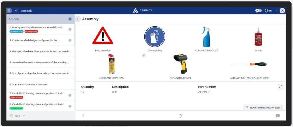 A computer screen displays an Assembly interface. The left panel lists steps for assembly, while the main section shows icons for safety warnings and required tools such as gloves, lubricant spray can, scanner, cleaning product, Loctite, and screwdriver manual.