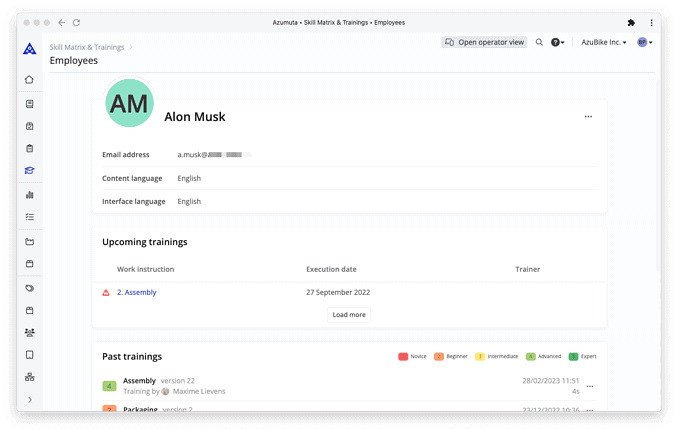 A computer screen displays the profile of an employee named Alon Musk. It shows their email, preferred languages, and lists upcoming and past trainings. The interface features navigation icons on the left and a header with options like 