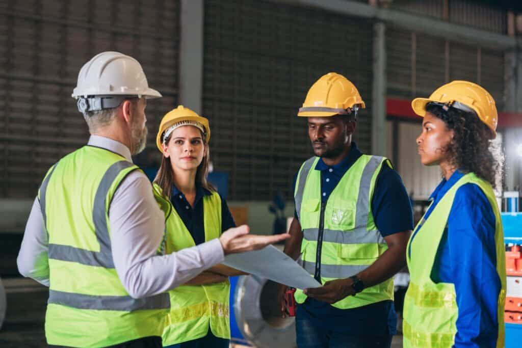 Four construction workers wearing safety vests and hard hats stand and discuss at a worksite. One person is gesturing while the others listen, holding blueprints. The background shows industrial equipment and a partially constructed structure.