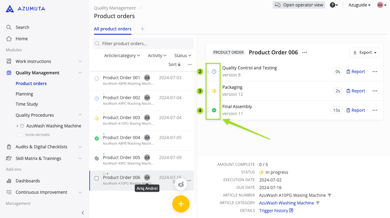 docs how to monitor the status of a work instruction that is linked to a product order 2