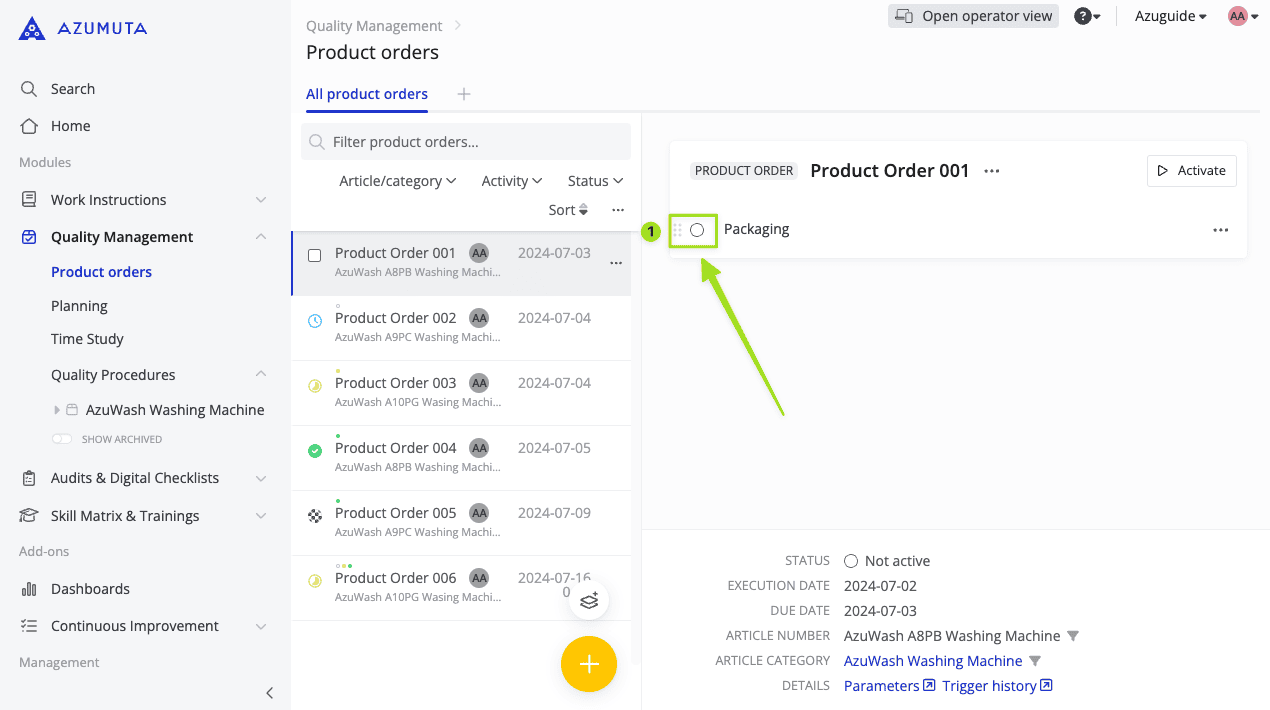 docs how to monitor the status of a work instruction that is linked to a product order