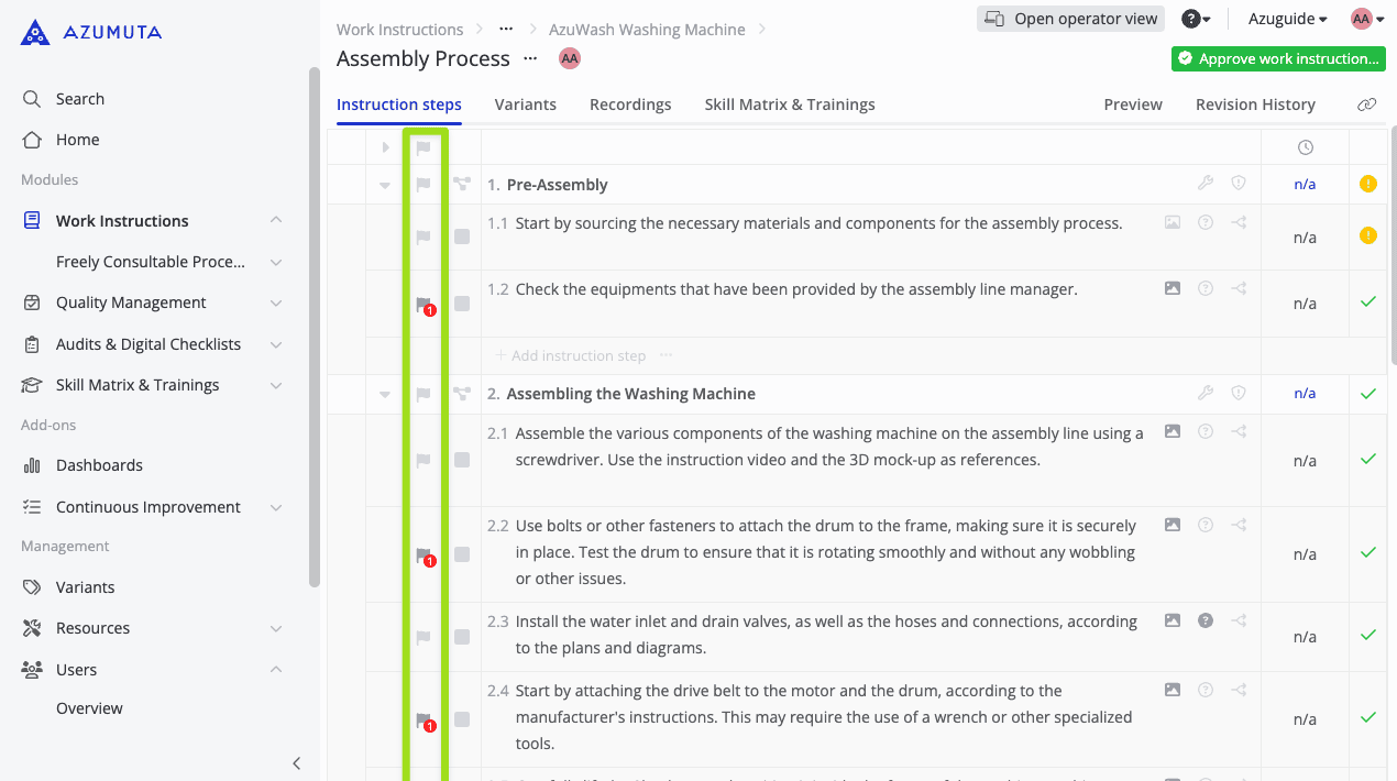 docs how to see the list of issues within a work instruction 2
