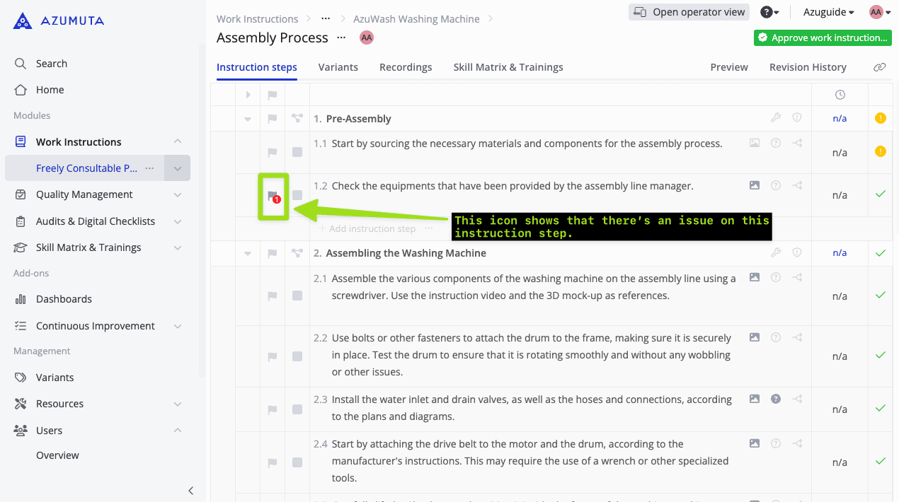 docs how to see the list of issues within a work instruction