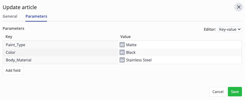 Azumuta interface displaying the "Update article" window under the "Parameters" tab. The screen shows a key-value editor where parameters such as "Paint_Type" (Matte), "Color" (Black), and "Body_Material" (Stainless Steel) are listed. Options to add a field, cancel, or save changes are visible.