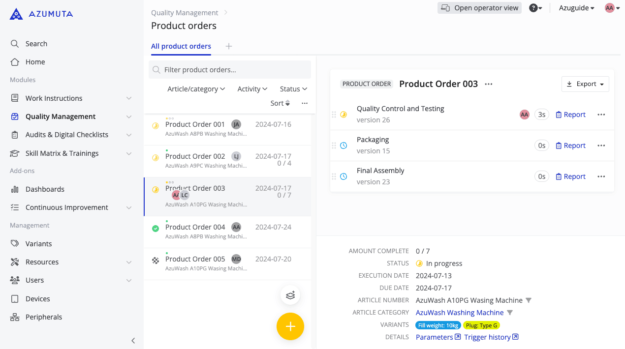 A project management dashboard for product orders from Azumuta is displayed. The layout includes sections such as Quality Management, Work Instructions, Dashboards, and more. The main panel lists product orders with their details, while the right panel shows specifics for "Product Order 003.