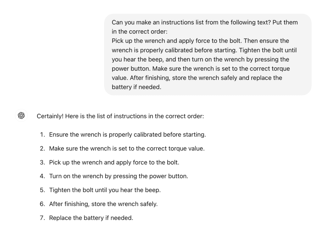Screenshot of OpenAI's ChatGPT that shows a prompt asking ChatGPT to create work instructions based on a continuous text.