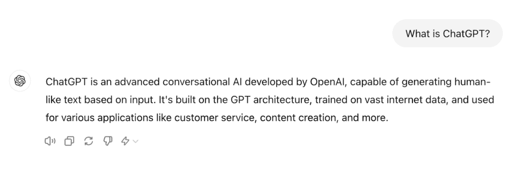A screenshot of OpenAI's ChatGPT where the prompt asks to explain what ChatGPT is.