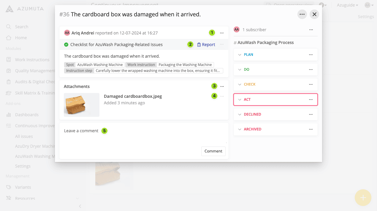 A screenshot of a project management interface showing a task about a damaged cardboard box. The task details include a checklist and comments. The task is currently in the "Act" stage of the process. A thumbnail image of the damaged box is attached.