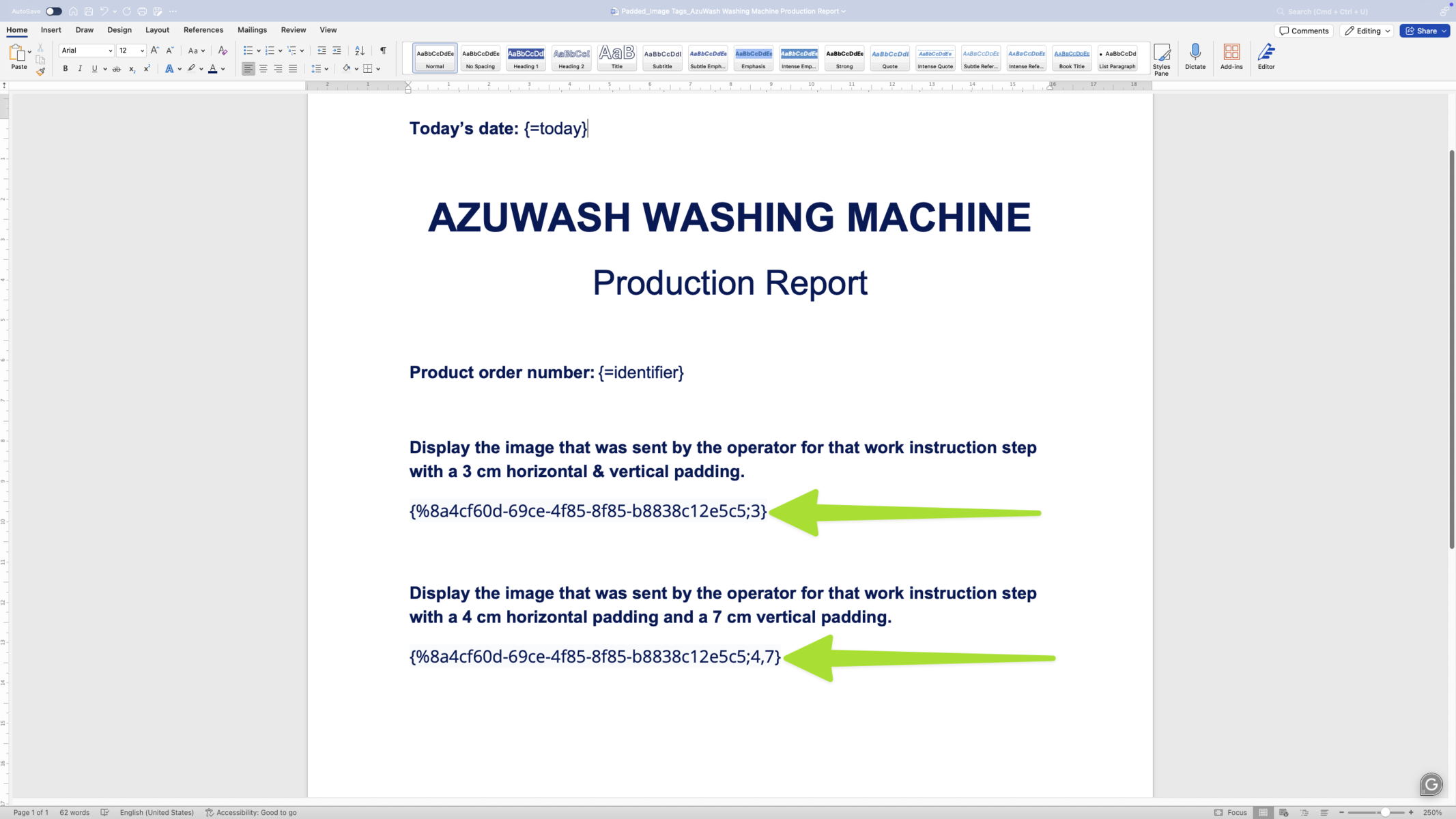 Word document template for AzuWash Washing Machine production report showing image tags with different padding values using UUID references for work instruction steps.