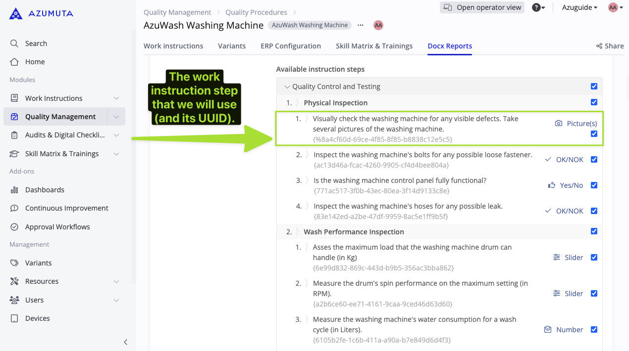 Azumuta platform showing selected work instruction step for washing machine quality inspection with UUID highlighted for documentation purposes.