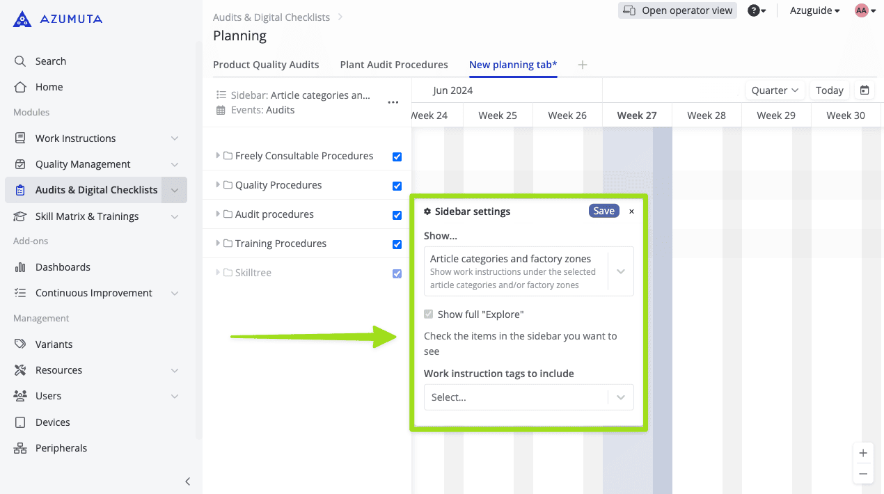 A screenshot of a planning page for "Audits & Digital Checklists" on a platform. It shows various procedures being tracked on a timeline. A sidebar settings window is overlaid with options to select items to display in the sidebar and work instruction tags.