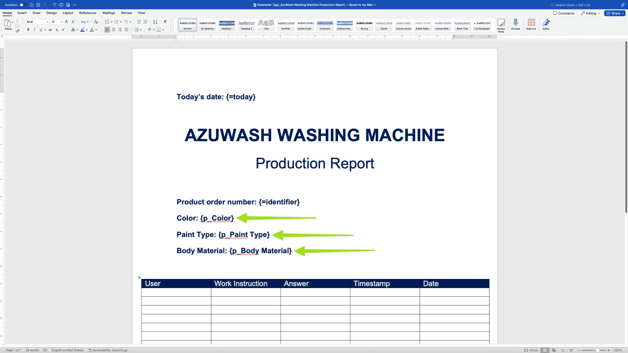 docs how to add a parameter tag to a docx report
