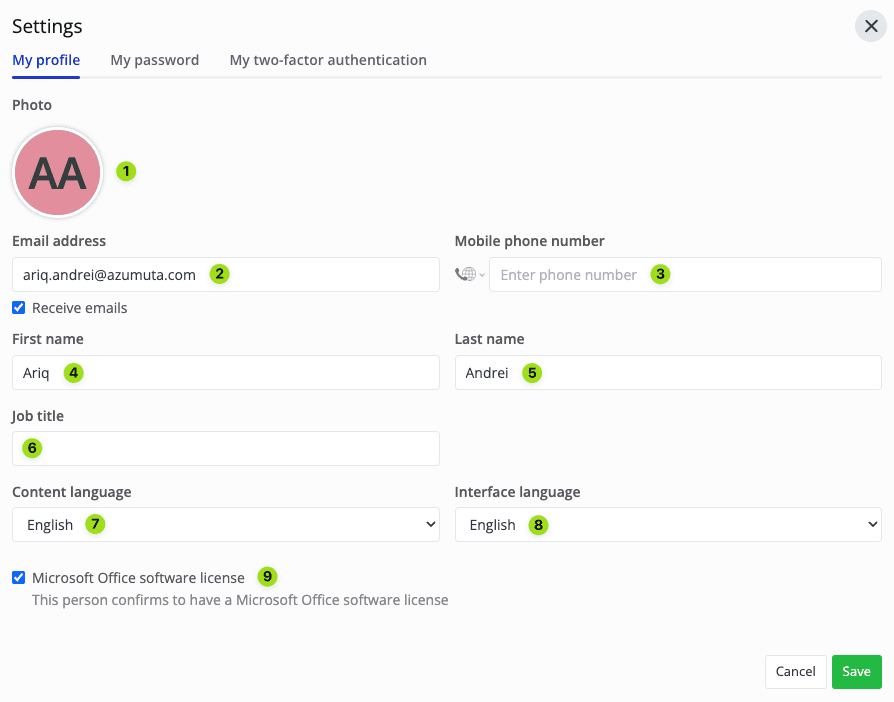 A settings page with sections for "My profile," "My password," and "My two-factor authentication." The "My profile" section is open, showing a photo, email address, first name, last name, job title, and language options. A confirmation checkbox for Microsoft Office software license is at the bottom. There are options to cancel or save changes.