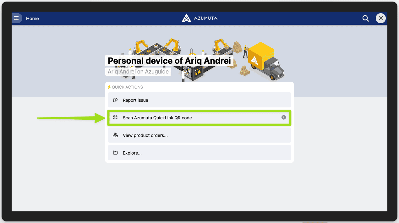 Azumuta interface on a tablet screen showing quick actions menu with 'Scan Azumuta QuickLink QR code' option highlighted. User navigation for scanning QR codes in Azumuta platform.