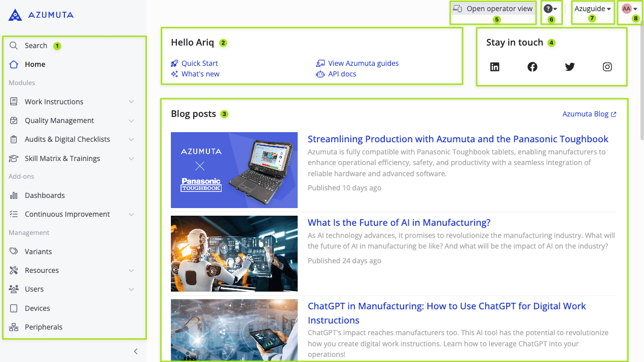 Screenshot of the Azumuta dashboard interface. The left sidebar includes various menu items like work instructions, quality, planning, and more. The main section displays blog posts on topics like Azumuta integration, the future of AI in manufacturing, and ChatGPT in manufacturing.