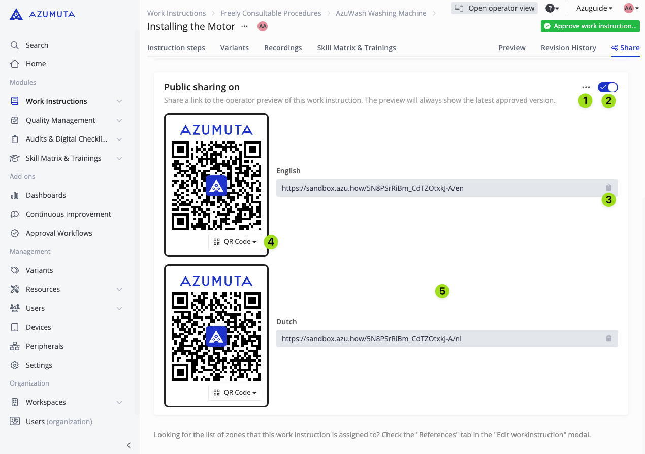 Azumuta work instruction sharing interface showing QR codes and public preview links for English and Dutch versions of a procedure titled 'Installing the Motor.