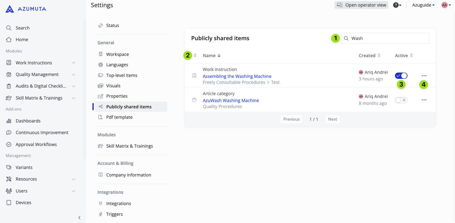 Azumuta settings panel displaying publicly shared items in a workspace, including a searchable list of work instructions and article categories with toggle options for activation.