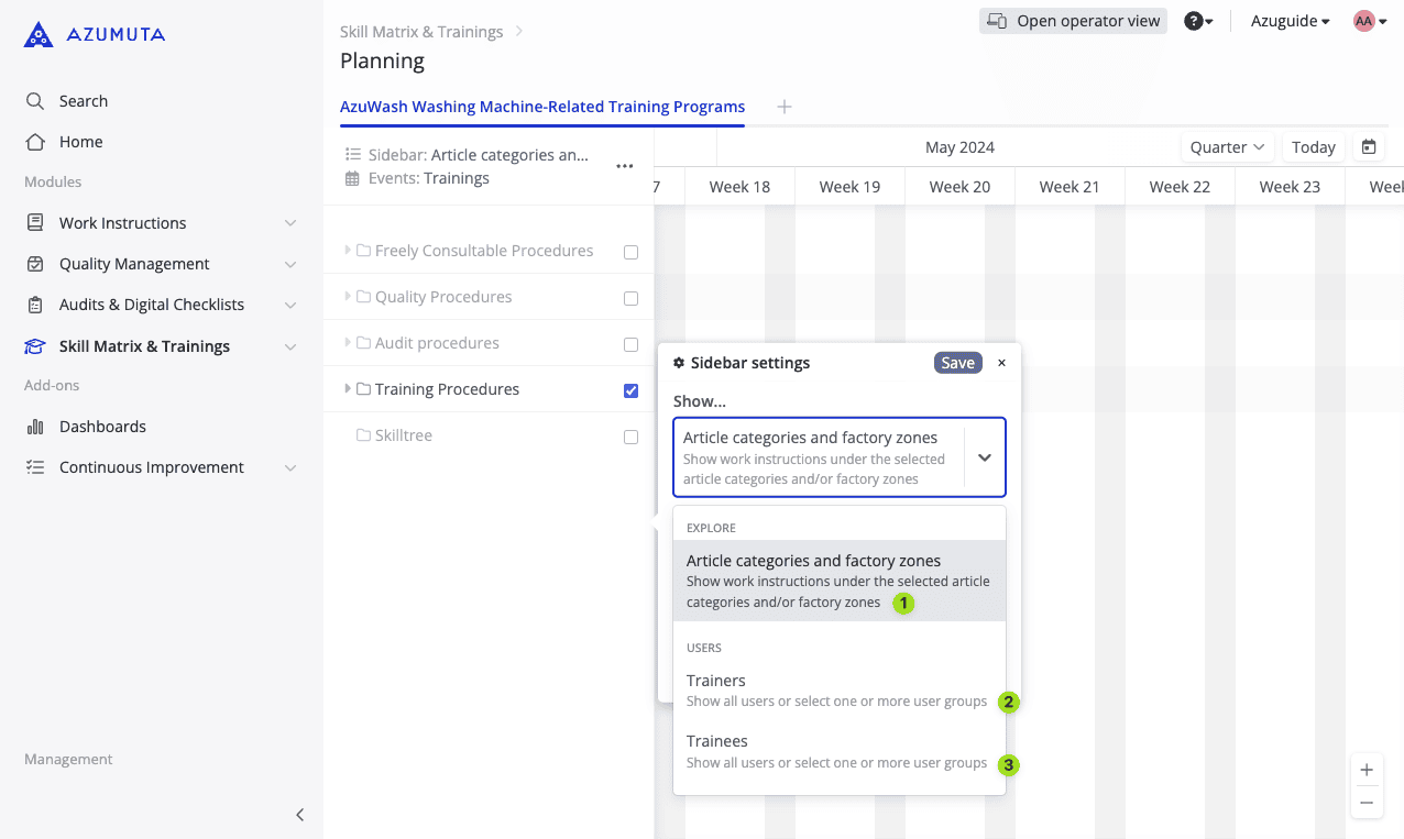 A screenshot of a planning software interface displaying a timeline for Skill Matrix & Trainings. The sidebar menu is open, showing categories such as Overview, Skills, and Digital Checklists. A "Sidebar settings" pop-up is visible with options for displaying categories and users.