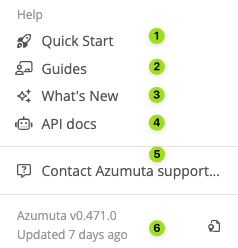 The image shows a section of a user interface with a Help menu that includes items: Quick Start (1), Guides (2), What's New (3), API docs (4), Contact Azumuta support (5). Below, it shows "Azumuta v0.471.0" and "Updated 7 days ago" (6).