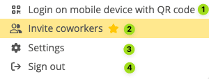 A menu with four options: "Login on mobile device with QR code" (numbered 1 with a green circle), "Invite coworkers" with a yellow highlight and star (numbered 2), "Settings" (numbered 3), and "Sign out" (numbered 4), each with a number in a green circle.