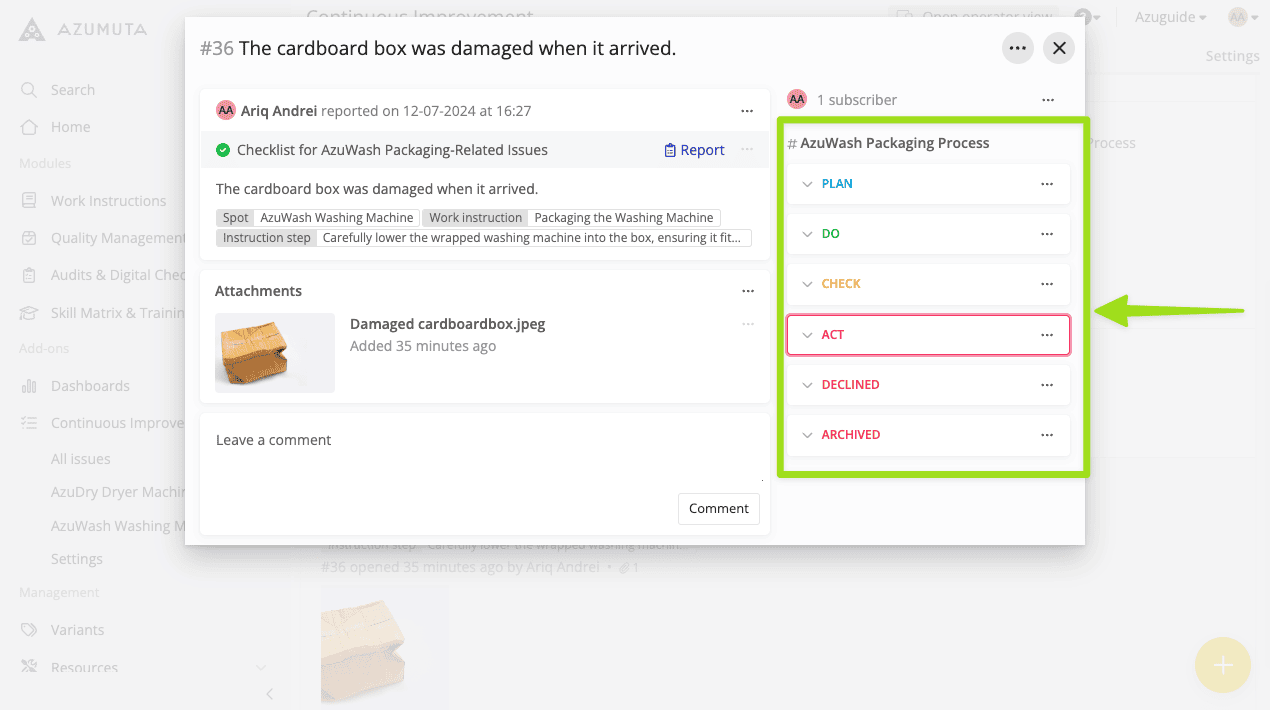 A computer screen displays an issue tracking system. The issue, titled "The cardboard box was damaged when it arrived," is reported with a visible checklist for "AzuWash Packaging Process." A highlighted "ACT" button is on the right side, below a green arrow pointing to it.