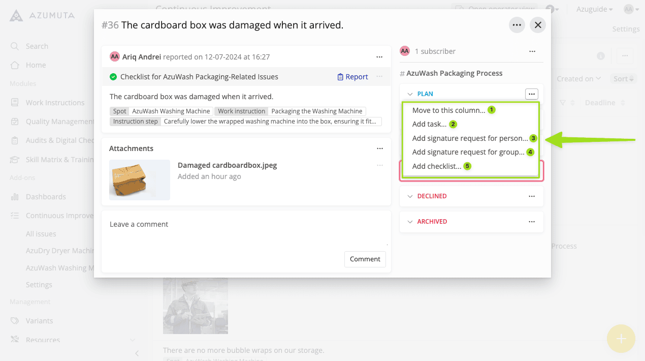 Screenshot of a software interface displaying a task related to packaging issues. The task highlights a damaged cardboard box with a photo attachment. The interface shows options to move the task, add signature requests, and checklists, with an arrow pointing to these options.