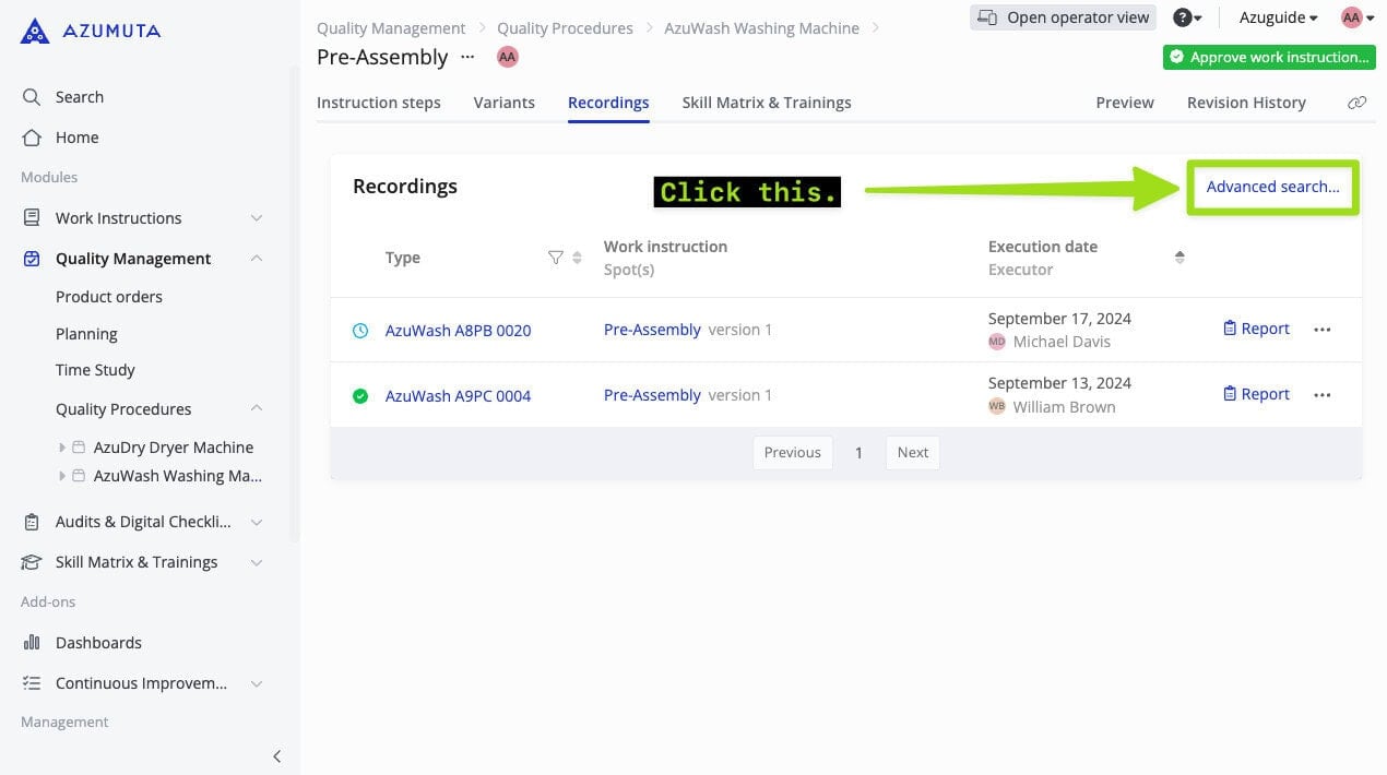 docs accessing the advanced search feature from the list of recordings of the module work instruction level quality management