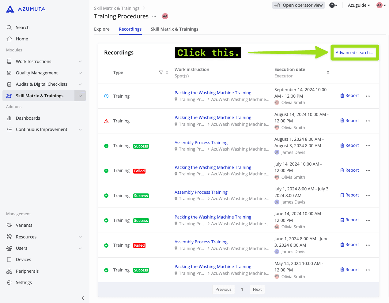 docs accessing the search recordings feature from the list
