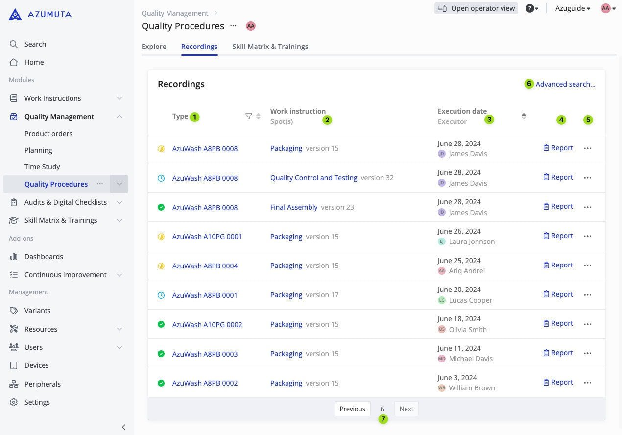 docs how to see the list of recordings on the module level quality management