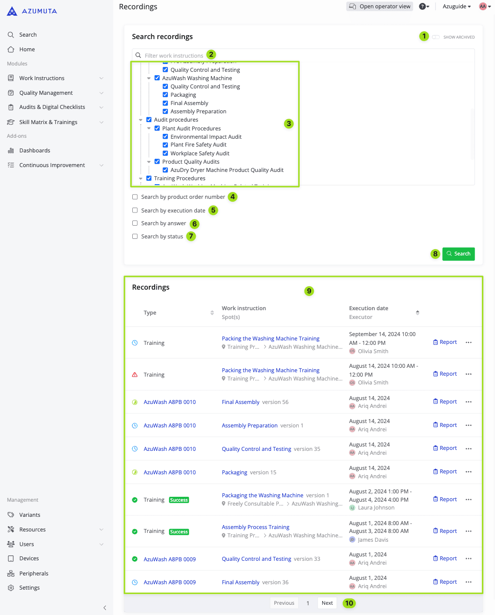 docs how to use the search recordings feature
