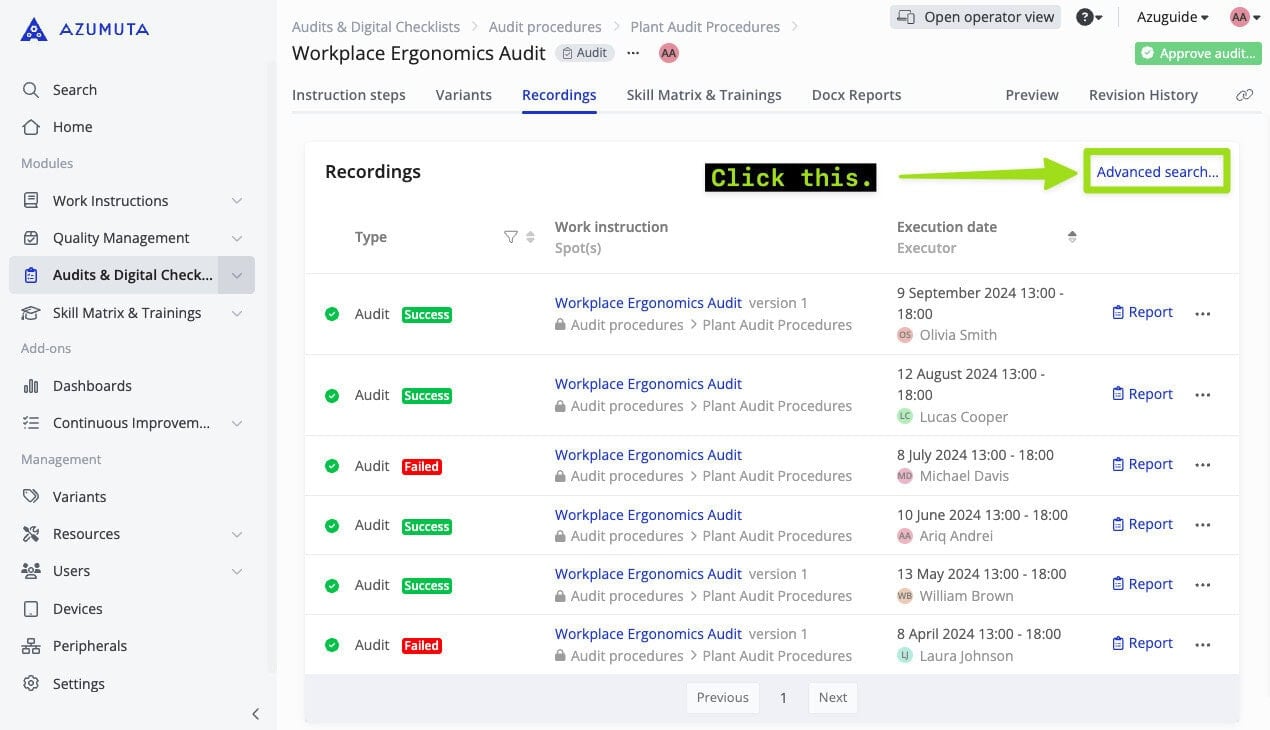 docs accessing the search recordings feature from the list of recordings on the module audit level 1