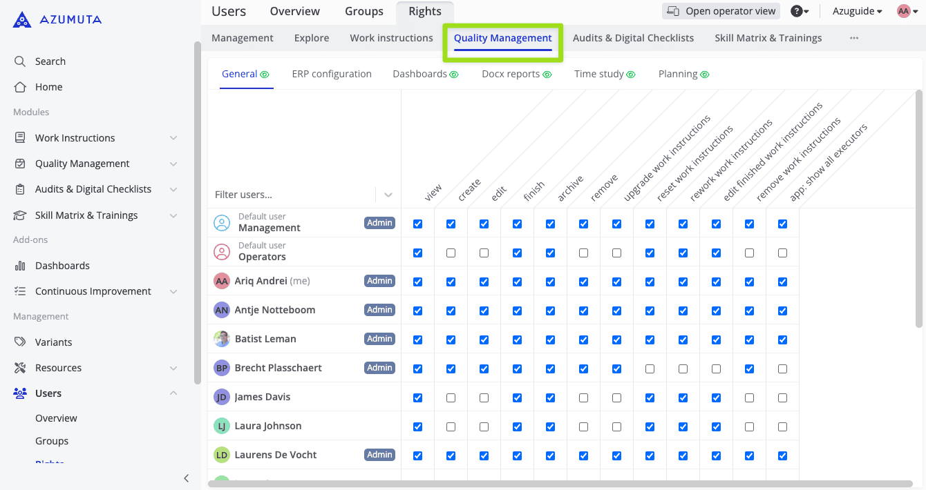 docs user rights the quality management tab