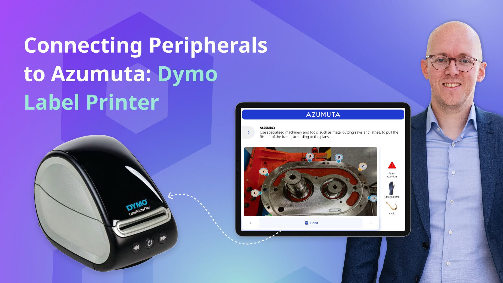 Video thumbnail with an azumuta dashboard, a dymo printer and the CEO of Azumuta showing how to connect peripheral devices