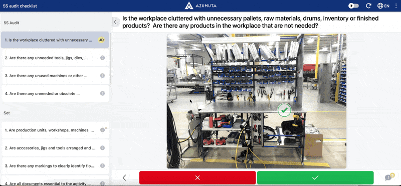 Azumuta 5S audit checklist interface displaying a workspace evaluation, highlighting organized tools and visual checks for workplace efficiency and compliance.