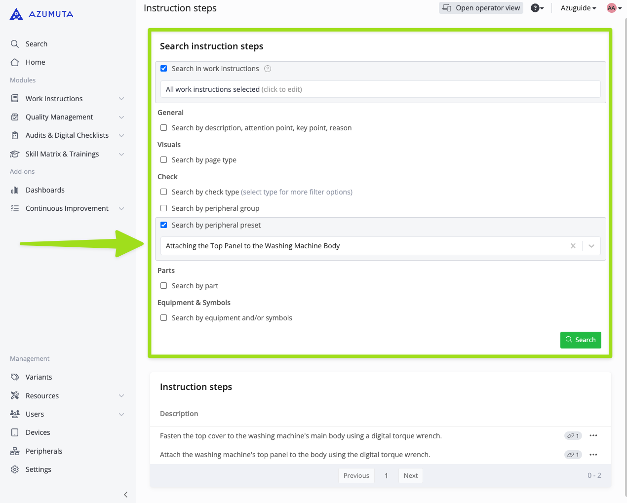docs how to see in which instruction steps is a peripheral preset being used