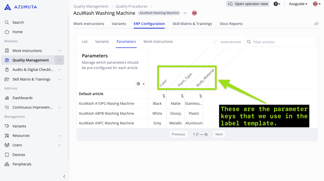 docs using parameters in label printing