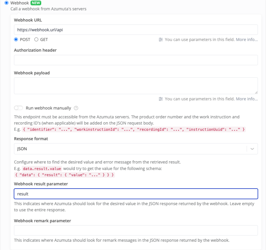 "Screenshot of Azumuta's Webhook configuration interface, showcasing options for setting the Webhook URL, HTTP methods (POST/GET), authorization header, payload, and response format (JSON). Includes fields for Webhook result and remark parameters with detailed instructions on configuring the desired values for seamless integration."
