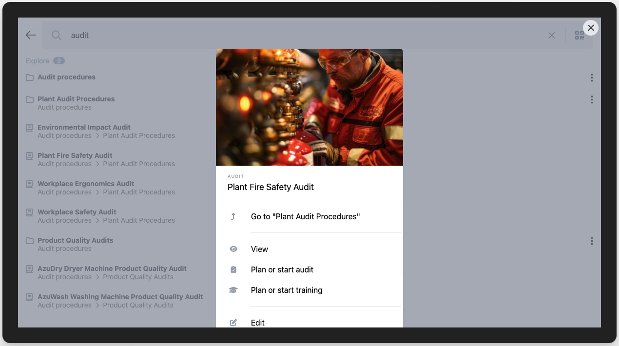 "Screenshot of a document management system interface showing quick access options for audits. The search term 'audit' is highlighted in the search bar, and the left panel lists categories such as 'Audit procedures' and 'Plant Audit Procedures.' The main focus is on the 'Plant Fire Safety Audit' card, displaying an image of a worker in protective gear inspecting equipment. Action options include 'Go to Plant Audit Procedures,' 'View,' 'Plan or start audit,' 'Plan or start training,' and 'Edit.' Designed for efficient navigation and audit management."