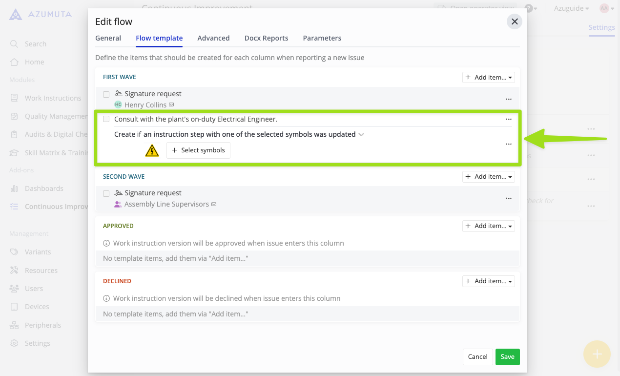 Screenshot of Azumuta's approval flow interface showing a conditional workflow setup where actions are triggered if an instruction step with specific symbols is updated. Highlighted section includes options for consulting with the on-duty Electrical Engineer and requesting signatures in a multi-step approval process.