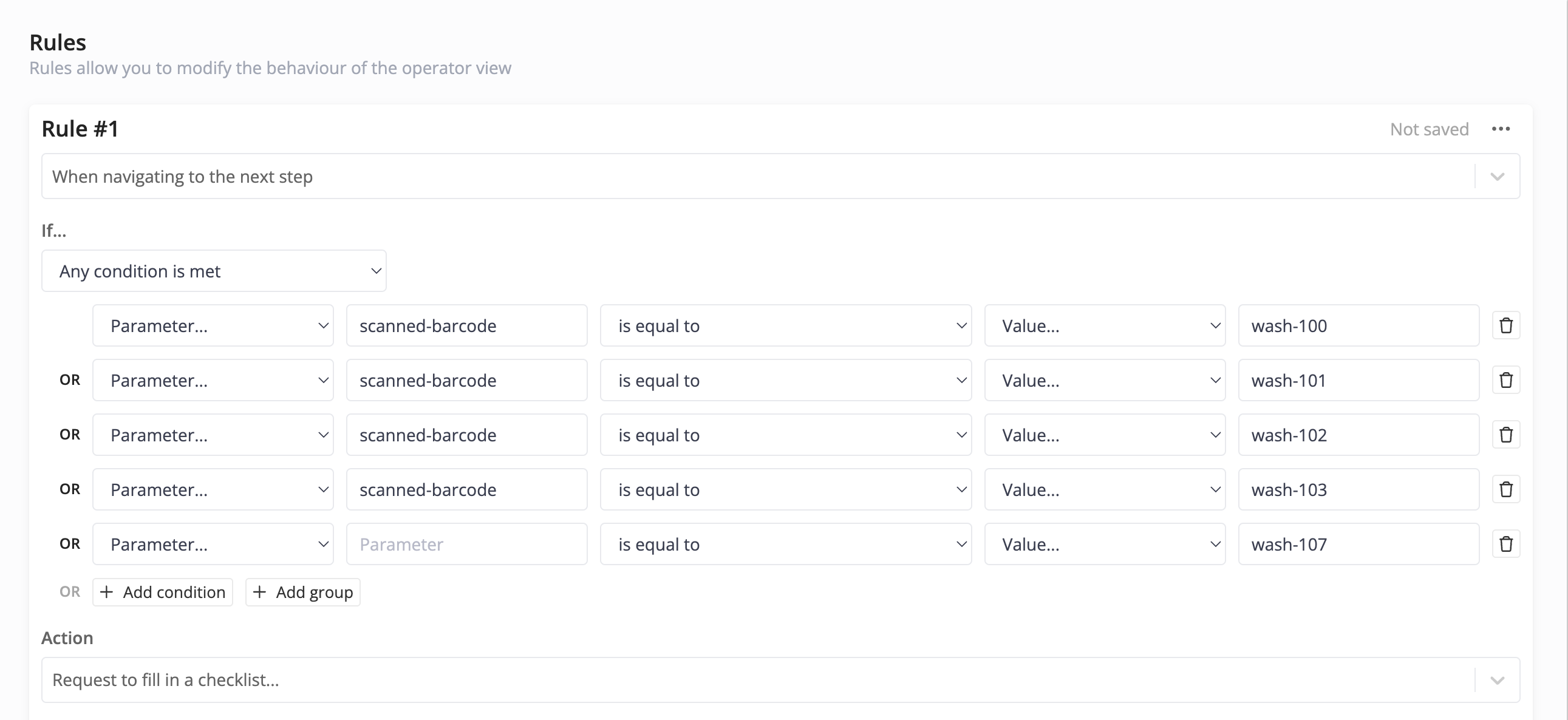 "Screenshot of a rules configuration panel for an operator workflow system. The interface displays a rule titled 'Rule #1' with a condition logic setup for navigating to the next step. The conditions check if the 'scanned-barcode' parameter matches specific values such as 'wash-100', 'wash-101', 'wash-102', 'wash-103', or 'wash-107'. An action is specified to request filling in a checklist based on these conditions. The layout features options to add conditions or groups for advanced rule-building."