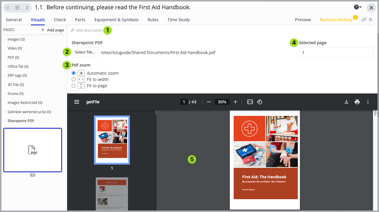 Screenshot of a SharePoint interface showing how to add and edit a PDF file in an instruction step. The image highlights key options like adding a description, selecting a file, adjusting PDF zoom settings, and choosing a specific page. The displayed PDF is titled 'First Aid: The Handbook' and is open in a document viewer.