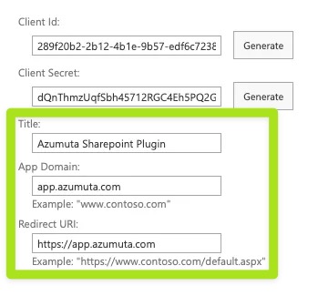 Screenshot of an application registration form showing Client ID, Client Secret, and application details for Azumuta SharePoint Plugin. The highlighted section includes fields for Title, App Domain (app.azumuta.com), and Redirect URI (https://app.azumuta.com).