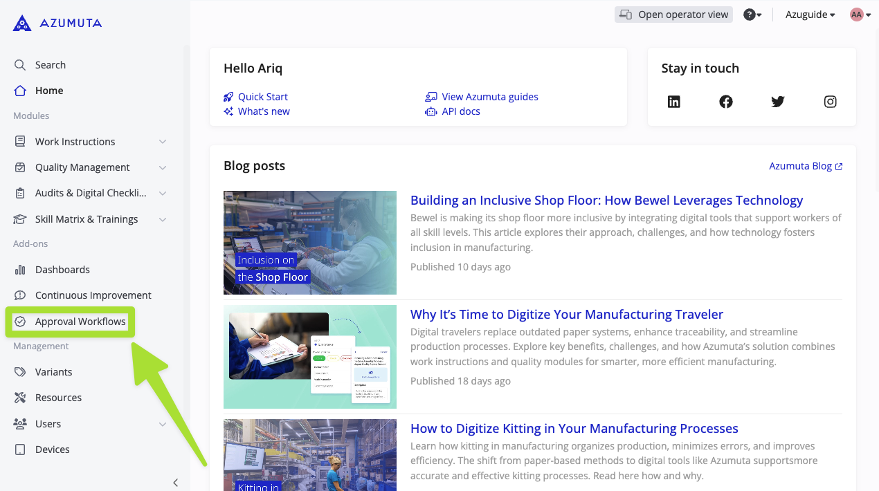 Azumuta dashboard highlighting the 'Approval Workflows' module, showcasing an improved and more accessible work instruction approval system for manufacturing processes.