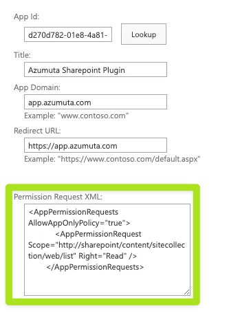 Screenshot of an application registration form for the Azumuta SharePoint Plugin, displaying fields for App ID, Title, App Domain (app.azumuta.com), and Redirect URL (https://app.azumuta.com). The highlighted section contains the Permission Request XML code, specifying app permissions for SharePoint site collection access with read rights.