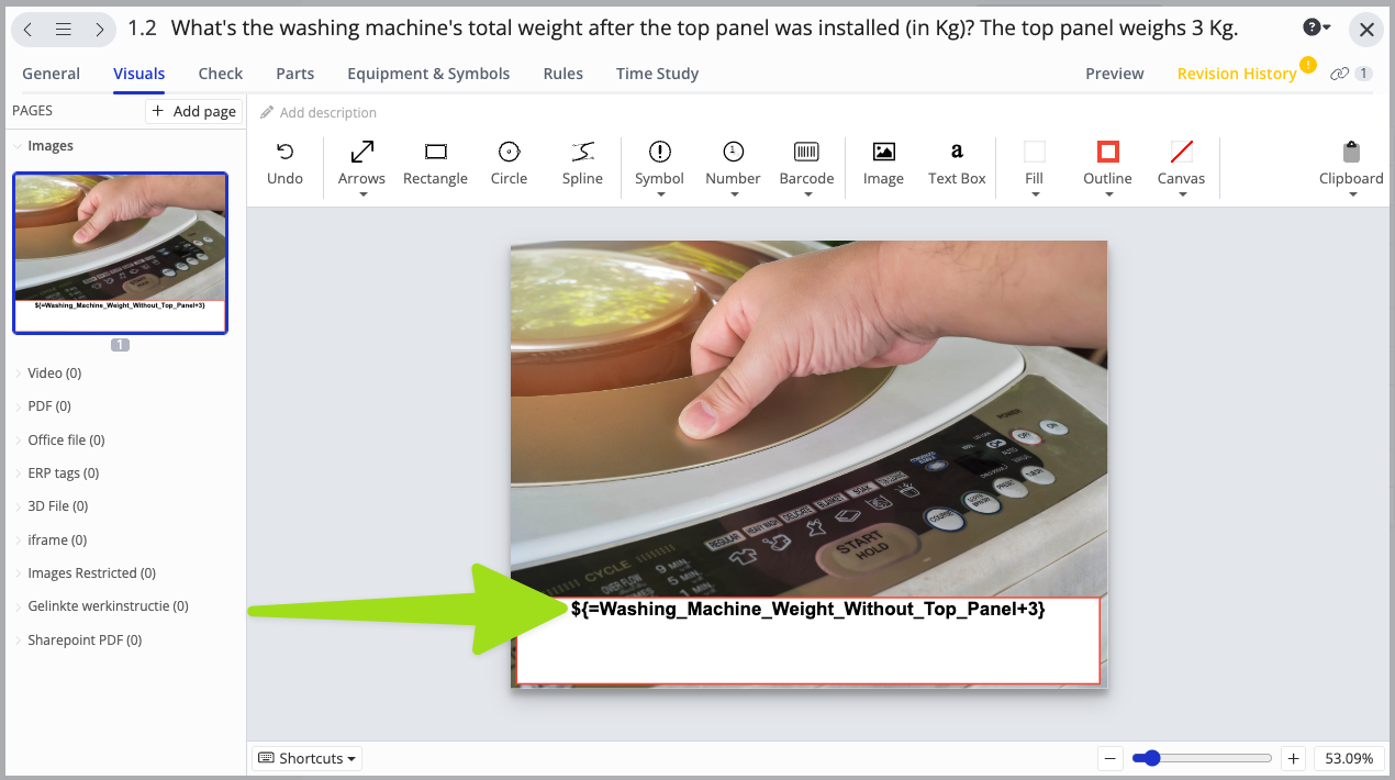 Azumuta interface displaying a guide for calculating the total weight of a washing machine after installing the top panel. The image shows a hand placing a top panel on a washing machine, with a dynamic parameter formula ${Washing_Machine_Weight_Without_Top_Panel+4} highlighted in a red box. The interface includes tools for annotations, text, and visuals, with a left panel showing available media files.